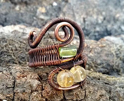 Wire wrapped ring, citrine and peridot, oxidized copper wire or silver wire, Wire wrapped ring, citrine and peridot ring, boho jewelry,