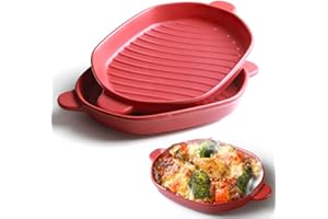 YFWOOD Set of 2 Oval Ceramic Oven Baking Dishes, 10.5x7 inch Coloured Lasagne Dish, Table Baking Dish Ideal for Baking Lasagnes, Pies, Casseroles, Tapas, Pasta and More - Red