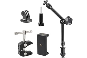 TECDW Bras Magique Ajustable de 11 Pouces avec Super Pince, rotules 360°, Bras Magique articulé avec Trous filetés de 1/4" et 3/8", Pince de Bras Magique pour trépied, Moniteur, Appareil Photo