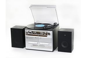 Steepletone BT-SMC386r PRO, 8 in 1 Bluetooth Retro Nostalgic Music System (Stereo Speakers), Remote Control, 3 Speed Record Player, CD Player, FM/MW Radio, TWIN Cassette, SD/USB RECORDING - Silver