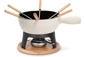 La Fonderie 1890 Fondue-Set aus Gusseisen für 6 Personen Mont Blanc, Käse- und Schokoladenfondues, 6 Gabeln mit Buchenholzgriffen, Sockel aus Naturholz, Kapazität 1,8L