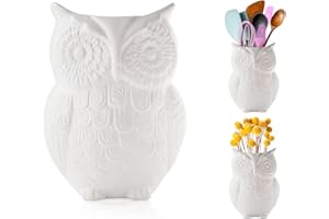 Comfify Sowa - Piękny biały uchwyt na naczynia ceramiczne, organizer i pojemnik na przybory kuchenne - Doskonały ceramiczny wystrój i prezent - Rozmiar 12,7 x 18 x 10 cm