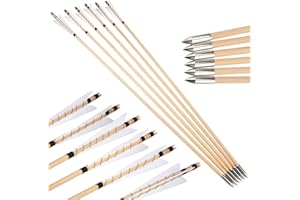 POEARCUS Tiro con Arco 32" Flechas de Madera English Longbow Arrows Flechas de Puntería de Práctica con Plumas de Pavo Fletching Puntas de Bala para Arco Recurvo Tradicional Longbow Shooing 6/12pcs