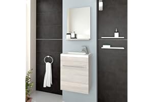 INBAGNO Mobile Bagno sospeso salvaspazio Compatto, L.40 x P.22.5 x H. 55.6 cm, Vasca Reversibile, Completo di lavabo in Ceramica Specchio e mensola (Rovere Grigio)