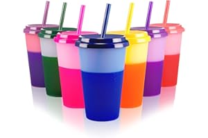 PATINAO Gobelet Plastique Enfant Reutilisable Verre avec Couvercle et Paille - 7 Pièces Tasse à Couleurs Changeantes, Tasse Noel, Tasse Cafe, Travel Mug Voyage, Tasse Personnalisée 12oz 350ml