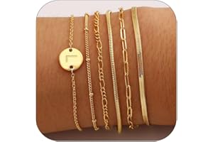 Aretas Bracelet en Or pour Femme, 6 PCS, Ensembles de Bijoux Empilables Plaqué Or 14K Réel, Lettres A-Z, Ajustable 6" + 2"