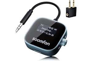 SOOMFON Odbiornik nadajnika Bluetooth 5.3 z gniazdem 3,5 mm z ekranem LCD, podwójne parowanie, adapter Bluetooth AUX 13H, bezprzewodowy nadajnik audio 2 w 1, do samolotu, telewizora, słuchawek