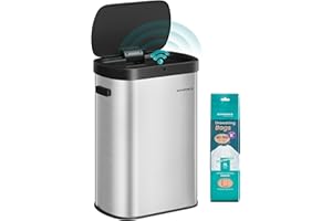 SONGMICS Poubelle de Cuisine Automatique 50 L, Capteur de Mouvement, Ouverture Automatique ou Tactile, Fermeture Douce, Acier Inoxydable, 15 Sacs Poubelle, Argent Métallique et Noir d'Encre LTB640E01