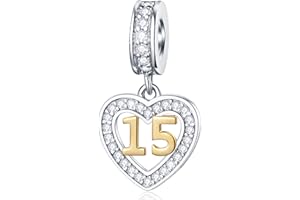 GLOWDAS 10 11 à 21 22 23 24 25 28 30 33 35 40 45 50 55 60 65 70 75 80 charms anniversaire, fit bracelet/collier birthday européen, numéro d'or pendentif coeur en argent sterling 925 avec cz, pour femme/homme