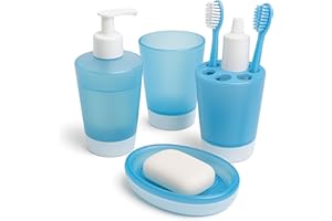 Mypicompany. Juego de Baño 4 Piezas Plástico Irrompible: Dispensador Jabon Baño, Jabonera Baño, Vaso, Portacepillos Color Azul. Set Baño Infantil y Adulto. Accesorios baño con Diseño Elegante. (Azul)