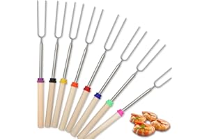 AIDSHUNN Lot de 8 fourchettes télescopiques pour barbecue, guimauve, en acier inoxydable, avec poignée en bois, pour camping, feu de camp, cheminée, pique-nique