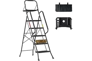 BONTEC Scala Pieghevole a 5 Gradini con Pedali Extra Larghe in Plastica Antiscivolo, Struttura in Ferro, Vassoio Portaoggetti e Borsa Attrezzi, Portata 150 kg, Facile da Riporre,Nero