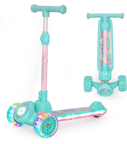 Hurtle Trottinette à 3 roues pour enfants, trottinette pliable pour enfants et tout-petits âgés de 3 à 12 ans, hauteur réglable et roues lumineuses à DEL