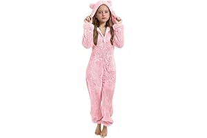 GENERIC Girls Winter Onesie Warm Fleece Fuzzy Jumpsuits with Pockets Zip Up Thermal Jumpsuit Cute Furry Costumes for Kids One Piece Furry Jumpers with Ear Hood Age 5-16 Years