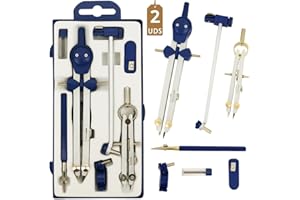 JAVIAL 2 Compas Dibujo Tecnico Profesional - Compás Escolar de Precision con Rueda de Ajuste Bachillerato y Secundaria - Compasso Escolar Dibujo Tecnico de Metal - Compas Grande Dibujo Técnico Plastica Azul