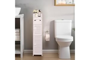 powerking Porta carta igienica, piccolo armadietto da bagno con ante e mensole, armadio sottile per bagno, piccoli spazi, pavimento angolare, bianco