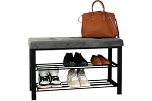 Froppi Premium Ottoman Shoe Bench Storage with Seat, 2-Tier Black Metal Shoe Rack Bench with Seat for Entryway, Bedroom, Closet and Hallway L81.5 W33 H50 cm Charcoal Velvet Cushion