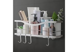 KINCMAX Shower Shelves - Self Adhesive Shower Caddy with 4 Hooks - No Drill Large Capacity Stainless Steel Wall Shelf - Shower Organizer for Inside Bathroom - Polished Silver