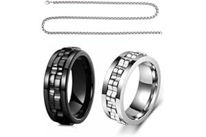 FUGLUS Giratorio, Anillo 8MM Anillo Giratorio Plata/Negro para Hombre Acero Inoxidable Anillo Antiestres,Viene con cadena