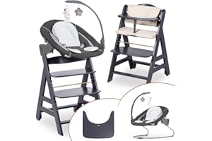 hauck Trona Beta Newborn Set de Trona Evolutiva Bebe apta desde el Nacimiento, Tronas de Bebe Evolutiva con Hamaca, Cojín y Bandeja, Silla Bebe Madera - Melange Grey