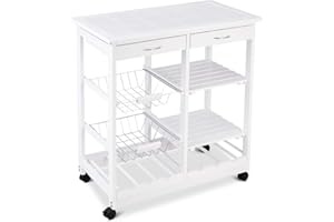COSTWAY Carrello da Cucina con Ruote, Carrello con 2 Cassetti, Portabottiglie e Cestini Frutta in Metallo, Ripiani in Legno di Pino, Ideale per Cucina Bar Ristorante, 67 x 37 x 76 cm (Bianco)