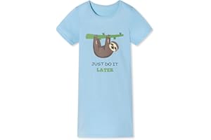 In One Clothing Mädchen Nachthemd mit kurzem Arm, weicher Single-Jersey aus 100% Bauwollle, mit Eulen oder Faultier Motivdruck