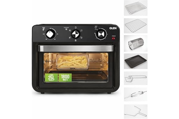 Glen Large Air Fryer Oven 25L 1800W, with Rotisserie, 6 Functions, Time & Temp Control, 3 Trays & 4 Accessories Airfryer to Fry, Grill, Roast & Bake, 2-Year Warranty - Black SA3050AFO