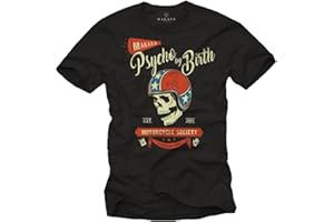 MAKAYA Tee Shirt Tete de Mort avec Casque Moto - Psycho by Birth - Biker Tshirt Motoard Humour