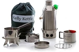 Kelly Kettle Trekker Kettle & Kit – Petite bouilloire de camping en acier inoxydable de 590 ml, bouilloire de camping légère avec sifflet, poêle Kelly Kettle pour la pêche, la chasse, la randonnée,