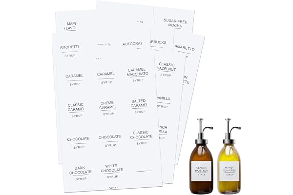 Kaffesirapsetiketter, 84st Vattentäta Vita Minimalistiska Kaffesirapsetiketter för Flaskor Kaffebar Behållare Dispenserorganisation
