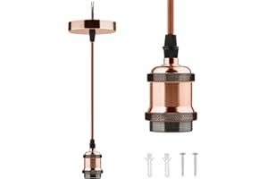 Glirowy Vintage Ceiling Pendant Light Fitting, Braided Flex E27 Lamp Holder Copper Ceiling Rose with 1.1M Cable-Red Antique Copper