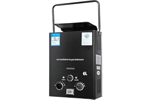 EAGERMINDS Calentador de agua de gas, 16 kW, GLP, gas propano, 6 L, portátil, calentador de agua caliente, calentador de agua caliente, caldera instantánea sin depósito, para camping, caravanas y hogar (con asa)