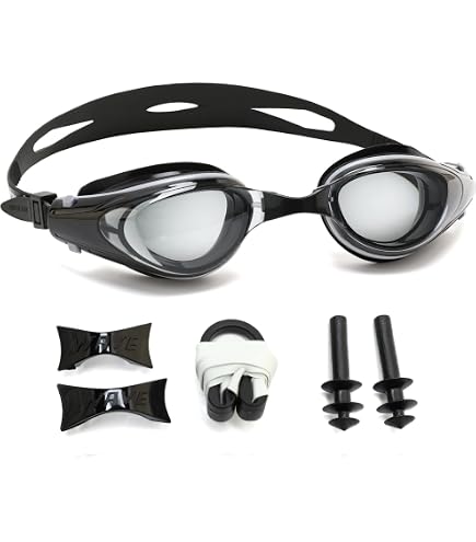 K di occhiali da nuoto per adulti lenti riveste occhialini da nuoto antiappannamento + cappuccio + custodia + Clip per naso + tappi per le orecchie uomo donna lenti riveste antiappannamento  18