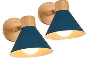 LIGKIN 2 Pezzi Lampade da Parete Interni Moderna E27 Applique da Parete Industriale Vintage Lampada da Parete Ruotabile in Legno Lampada a Muro per Camera Soggiorno Caffè, Ø18cm(Blu scuro)