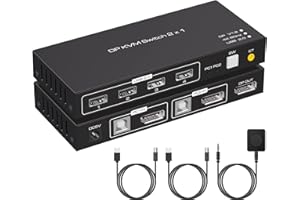 TJCXELE 4K60Hz DisplayPort KVM Switch 2 PC 1 Monitor USB 2.0 Switch KVM, con 4 Porte, adatto per Mouse, Tastiera, Stampante, U-Stick, fornito con cavi USB A-B