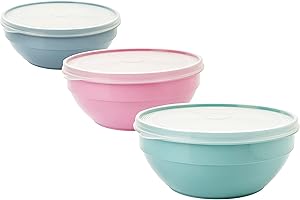 2friends Lot de 3 saladiers avec couvercle, 1 l, bol mélangeur, plastique (PP) sans BPA, couleur : gris clair, rose pastel, vert pastel, couvercle transparent, fabriqué en UE