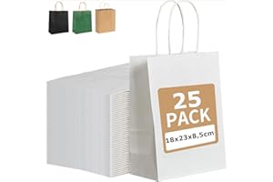 PAKNOR® Lot de 25 Sacs en Papier Blanc Avec Anse - 18 x 21 x 8 cm - Sacs de Transport Avec Poignée en Cordon - Cadeaux - Kraft - Calendrier de l'Avent DIY (Blancs)