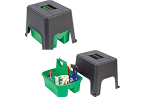 SIAM EXPRESS Plastic Sit Step & Store Stool - Garden Sit & Tool Holder, Home Step & Cleaning Sprays Dusters Storage, Garage Car Cleaning Polishes Cloths Stored Multipurpose Portable Carry Handle