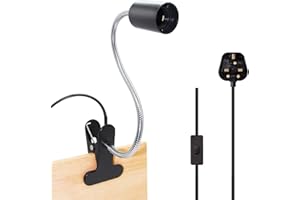 CRZPCHAS Clip on Desk Lamp E27 Lamp Holder, Black Clamp Light with 35 cm Long Rotatable Gooseneck and 220 cm Cable Switch Clip on Light with Plug for Bedroom, 60 W (Bulb not Included)