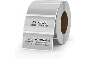YIKIADA Srebrne etykiety termiczne, winylowe, 25 x 50 mm, samoprzylepne, metaliczne naklejki adresowe do bezpośredniego drukowania, rolka, wodoodporne naklejki na drukarkę, do kodu QR, DIY, plakietka