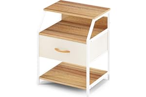 ‎WEEU Nachtschrank mit Offenem Fach Nachtkommode mit 1 Schubladen Nachttisch Groß Beistelltisch Sofatisch Klein Couchtisch Quadratisch für Schlafzimmer Wohnzimmer Stahl+Holz Weiß+Beige
