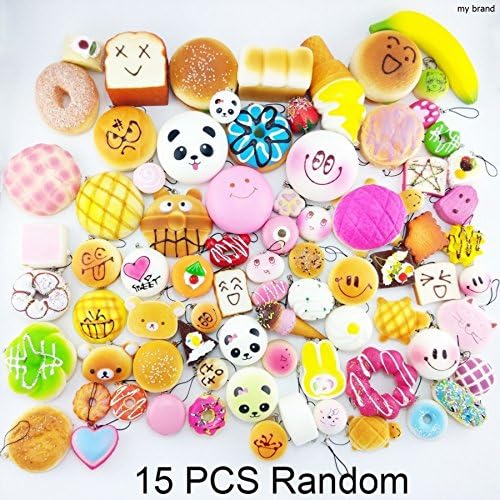 CXLD 15PCS Combined size Random Squishy Bread Donuts macaroon panda toast hamburger Cartoon Cone cellphone straps