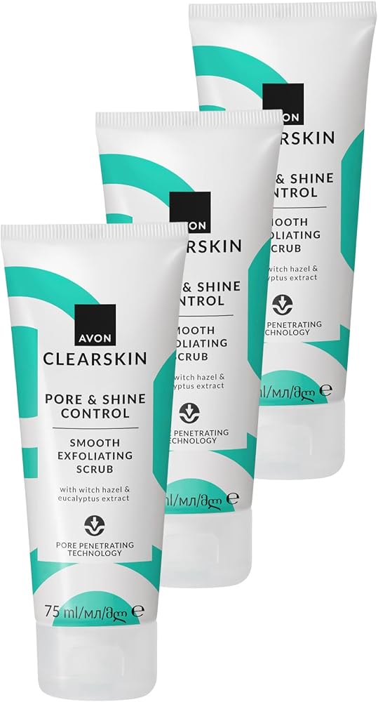AVON Clearskin Pore & Shine Control Smooth Yüz İçin Arındırıcı Scrub 75 Ml. Üçlü Paket