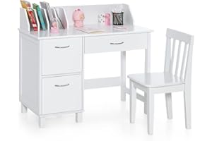 COSTWAY Set di Scrivania e Sedia per Bambini, Scrivania per Bambini con Cassetto e Armadietti, Ideale per Camera da Letto Sala Studio, 90,5 x 46 x 81 cm (bianco)