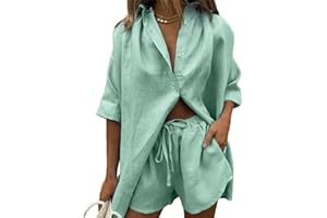 Tomwell Ensemble 2 Pièces en Lin pour Femme Col en V à Manches Courtes Chemise Boutonnée Chemisiers et Shorts Tenues d'été Coupe Ample Survêtement Ensemble Streetwear