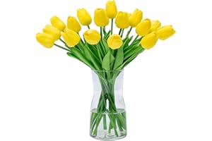 JUSTOYOU El tulipán Tiene un Toque Real, 33 cm de Largo, Flores Artificiales Decorativas para Ramos de Boda, hogar, Hotel, jardín, Evento navideño, Amarillo, 20 por Paquete.