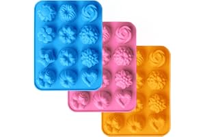 CNYMANY 3 pièces Moules à Gâteaux en Silicone, 12 cavités Fondant Moule Formes de Fleurs Antiadhésif Casseroles de Cuisine Bacs à Glaçons pour Faire Bonbons Chocolat Muffin Petit Gâteau - Rose, Bleu, Orange