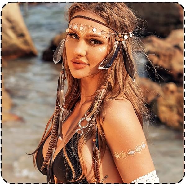 Bandeau Plumes Paon Bandeau Plumes Zoestar Bohème - Style Hippie Indien - Accessoire Cheveux Festival - Taille Unique Deguisement Indienne