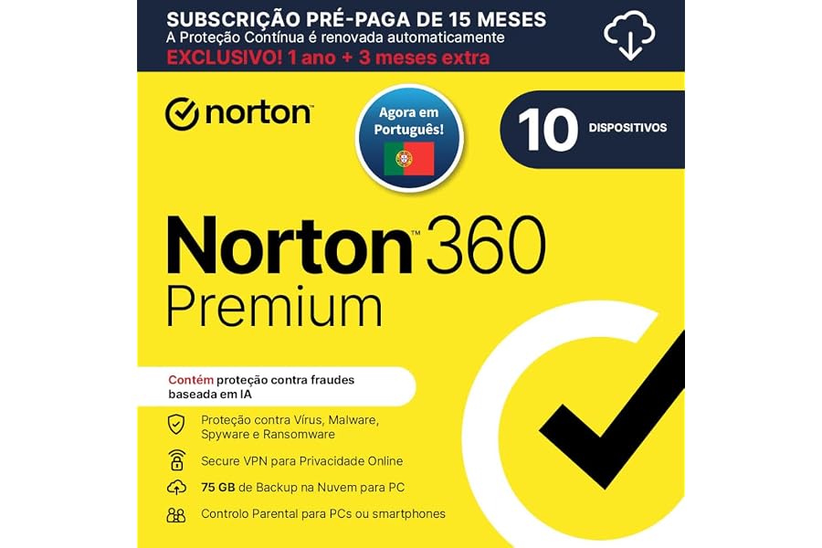 Norton 360 Premium 2026| Antivírus 10 Dispositivos| 15 meses com renovação automática| Descarga digital