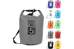 POPOYU 5L Grau Wasserdichte Tasche, Dry Bag 2L/5L/10L/15L/20L/30L mit Verstellbarem Gurt, Schützt Telefon/Karte, Roll Top Wasserdichter Beutel Rucksack für Schwimmen/Rafting/Kajak/Bootfahren/Camping/Strand